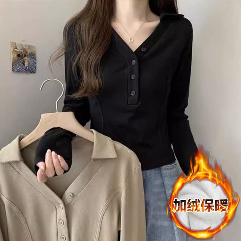 德绒黑色v领保暖T恤短款鱼骨上衣