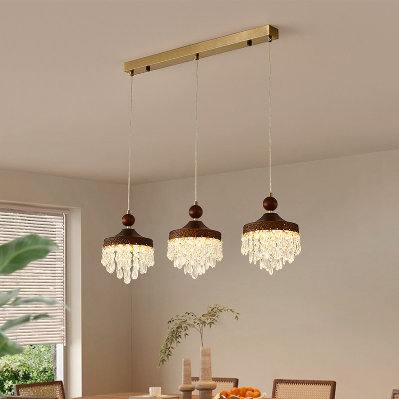 美式复古胡桃木色三头餐厅吊灯