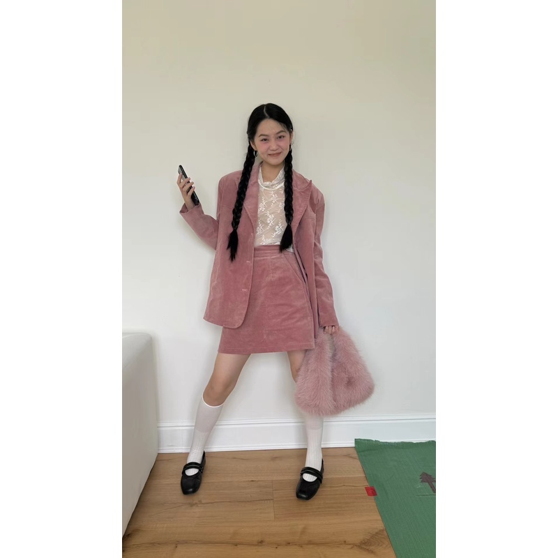 日了个韩｜宽松复古廓形灯芯绒西装外套+高腰显瘦A字半身裙套装女