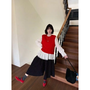 日了个韩｜宽松复古慵懒风高腰显瘦压褶阔腿灯芯绒波点裙裤裤裙女