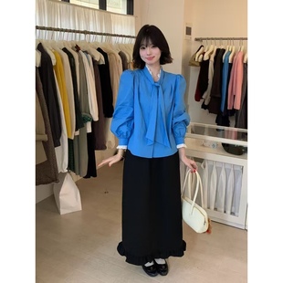 日了个韩｜宽松气质设计款拼接蕾丝花边飘带领压褶长袖衬衫打底衫