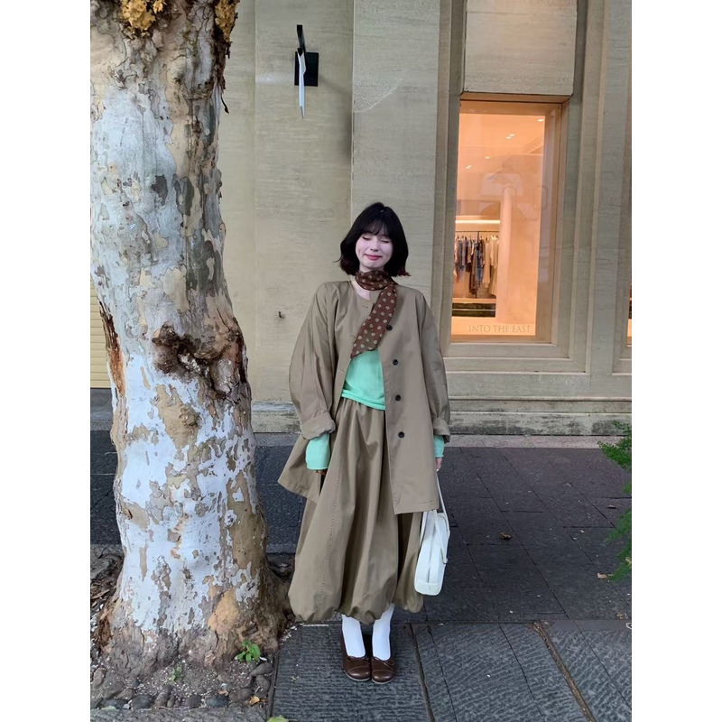 日了个韩|宽松中长款圆领风衣外套+松紧腰显瘦花苞半身裙套装女