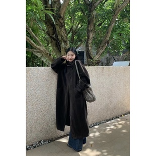 日了个韩｜复古设计款英伦风慵懒感廓形中长款鹿皮绒立领风衣外套