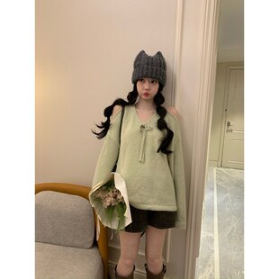 日了个韩｜韩版ins设计款宽松慵懒风蝴蝶结绑带V领漏肩长袖毛衣女