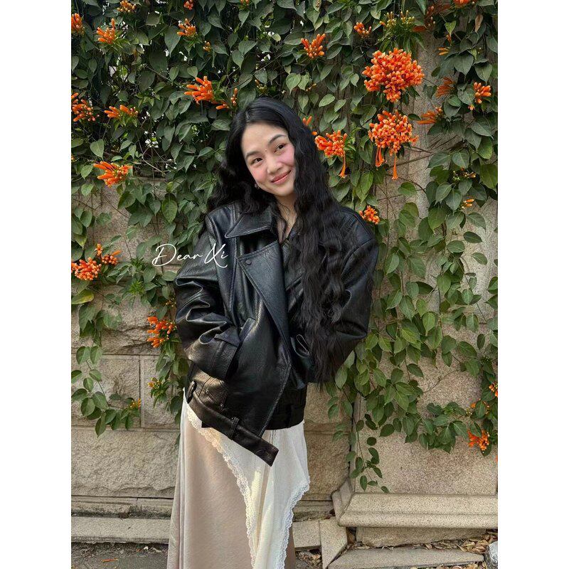 日了个韩｜2026春新款复古廓形大翻领短款pu皮衣外套夹克机车服女