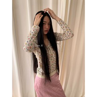 日了个韩｜复古百搭少女修身显瘦蝴蝶结绑带碎花长袖针织衫打底衫