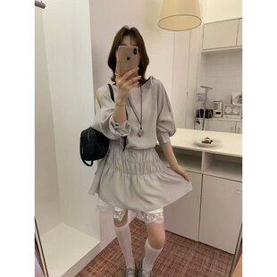 日了个韩｜宽松设计款斜肩露肩绑带收腰显瘦压褶中长款棉麻连衣裙