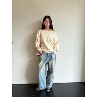 女 套头毛衣针织衫 日了个韩|宽松设计款 慵懒风一字肩斜肩露肩长袖