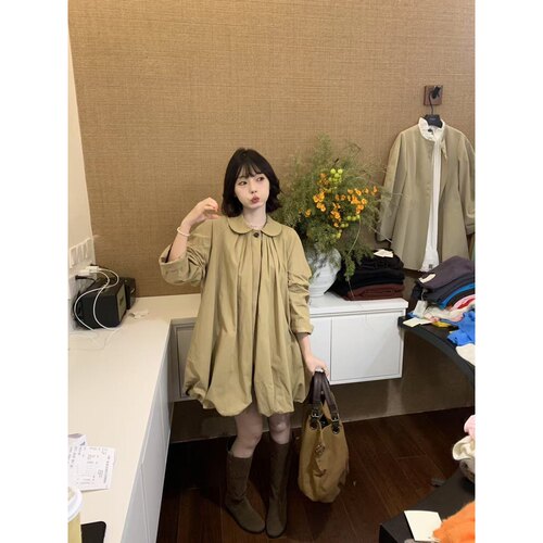 日了个韩｜2025秋季新款宽松娃娃领压褶小个子中长款花苞风衣外套