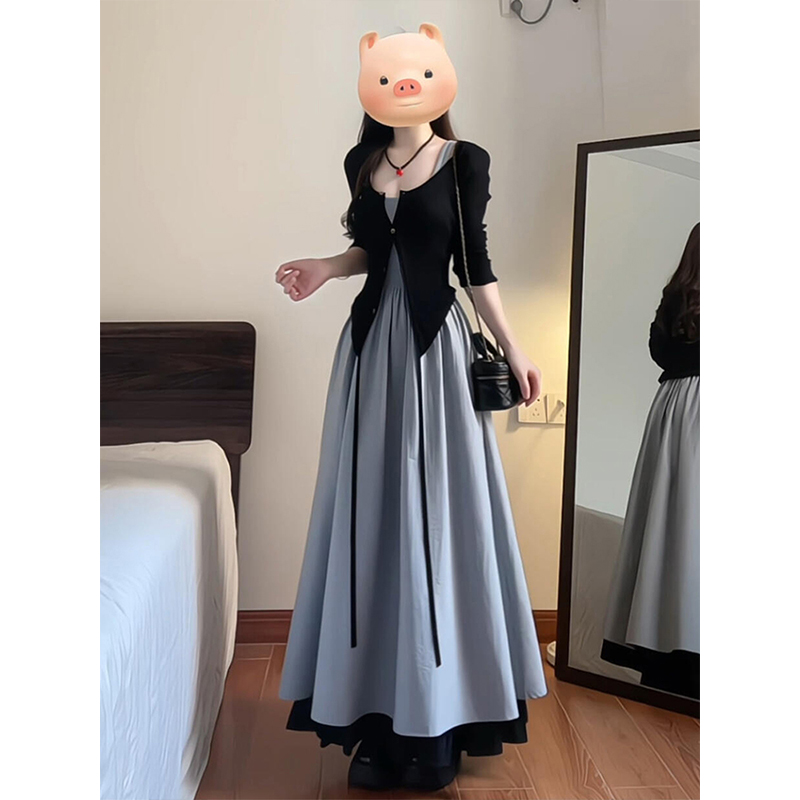 连衣裙不规则黑色绑带开衫两件套