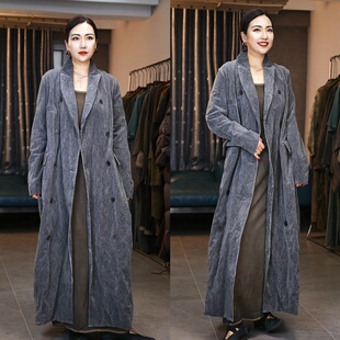 小众设计UMA风复古平绒双排扣长款大衣女气质显瘦外套风衣大衣