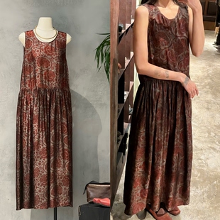 小众设计uma风复古炒色团花印花宽松显瘦无袖 慵懒风连衣裙 背心裙