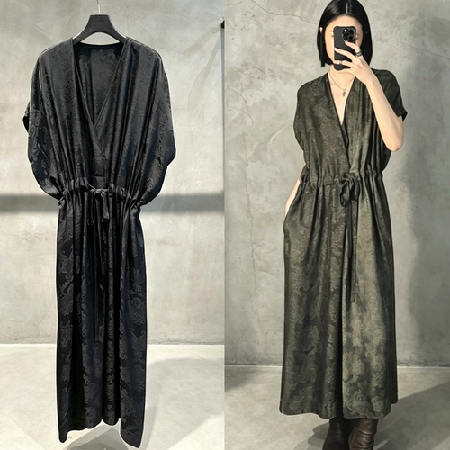 小众uma复古做旧植物染脏染宽松显瘦提花清冷慵懒感抽绳连衣长裙