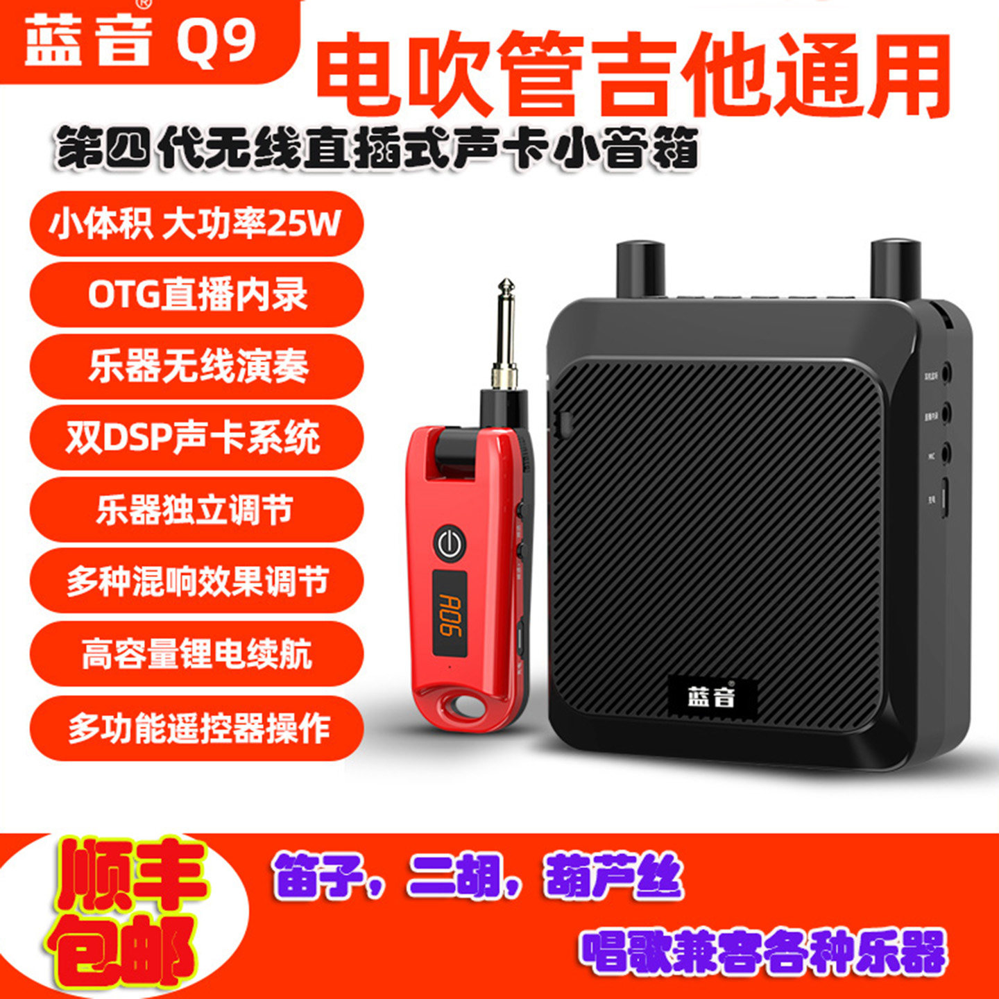 蓝音Q9电吹管直插式音箱无线便携大功率乐器声卡内录吉他音响户外