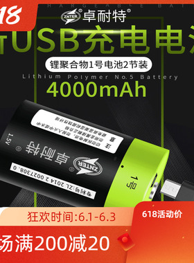 卓耐特1号充电锂电池1.5V D型燃气灶热水器USB一号电池4000mah2节