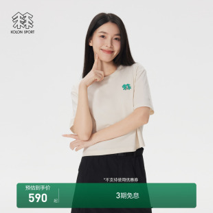 KOLON 上衣 SPORT可隆T恤女士图案印花户外休闲衣宽松落肩短袖