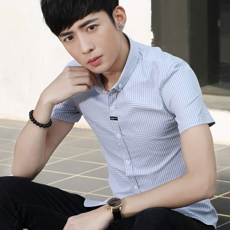 夏季男士条纹短袖半袖衬衣青年时尚潮寸衫学生韩版修身款流行衬衫|msdalam kategori Pakaian Lelaki, shirt - dari Buy2taobao.com untuk memberikan perkhidmatan ejen Taobao profesional membeli