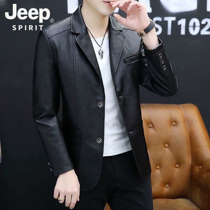 JEEP SPIRIT吉普休闲风翻领商务皮夹克男士秋冬保暖防风皮质外套