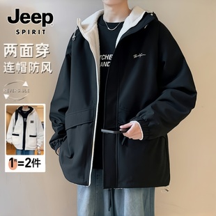 JEEP 加绒加厚连帽夹克双面穿棉衣 SPIRIT吉普羊羔绒外套男秋冬季