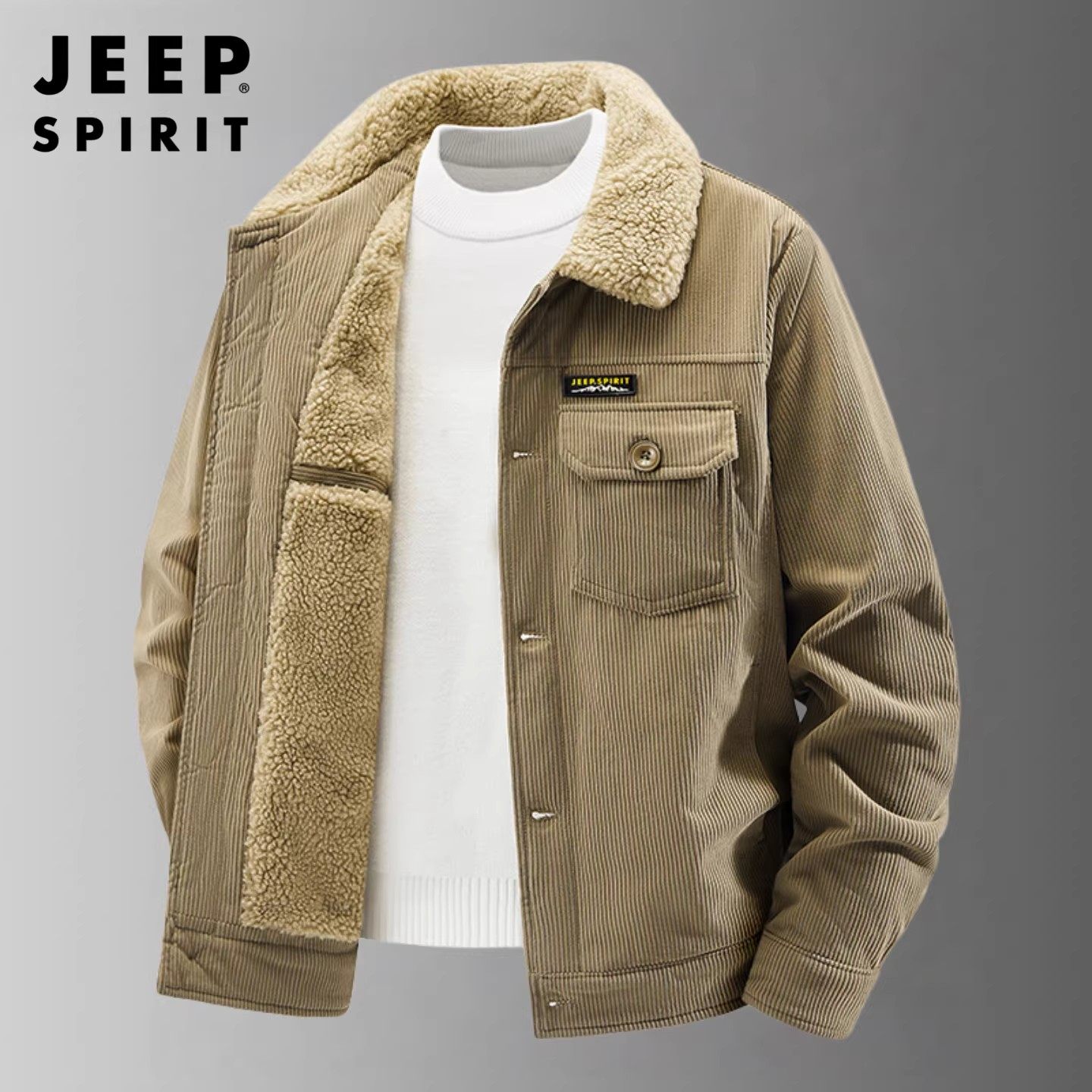 JEEP SPIRIT吉普灯芯绒翻领夹克加绒加厚羊羔绒工装外套中年保暖,男装,夹克,淘宝优惠券,粉丝福利购,淘宝优惠卷