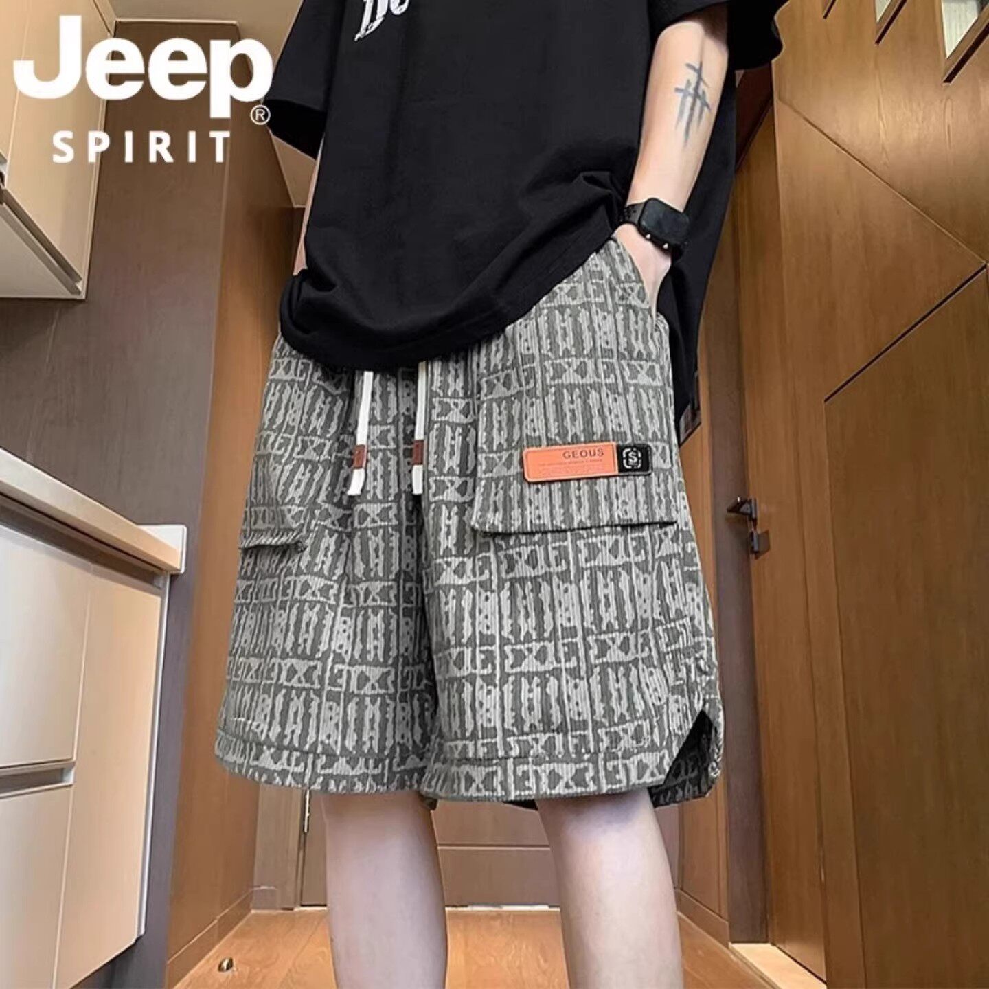 JEEP SPIRIT吉普夏季宽松大口袋休闲工装五分短裤男款青春活力风