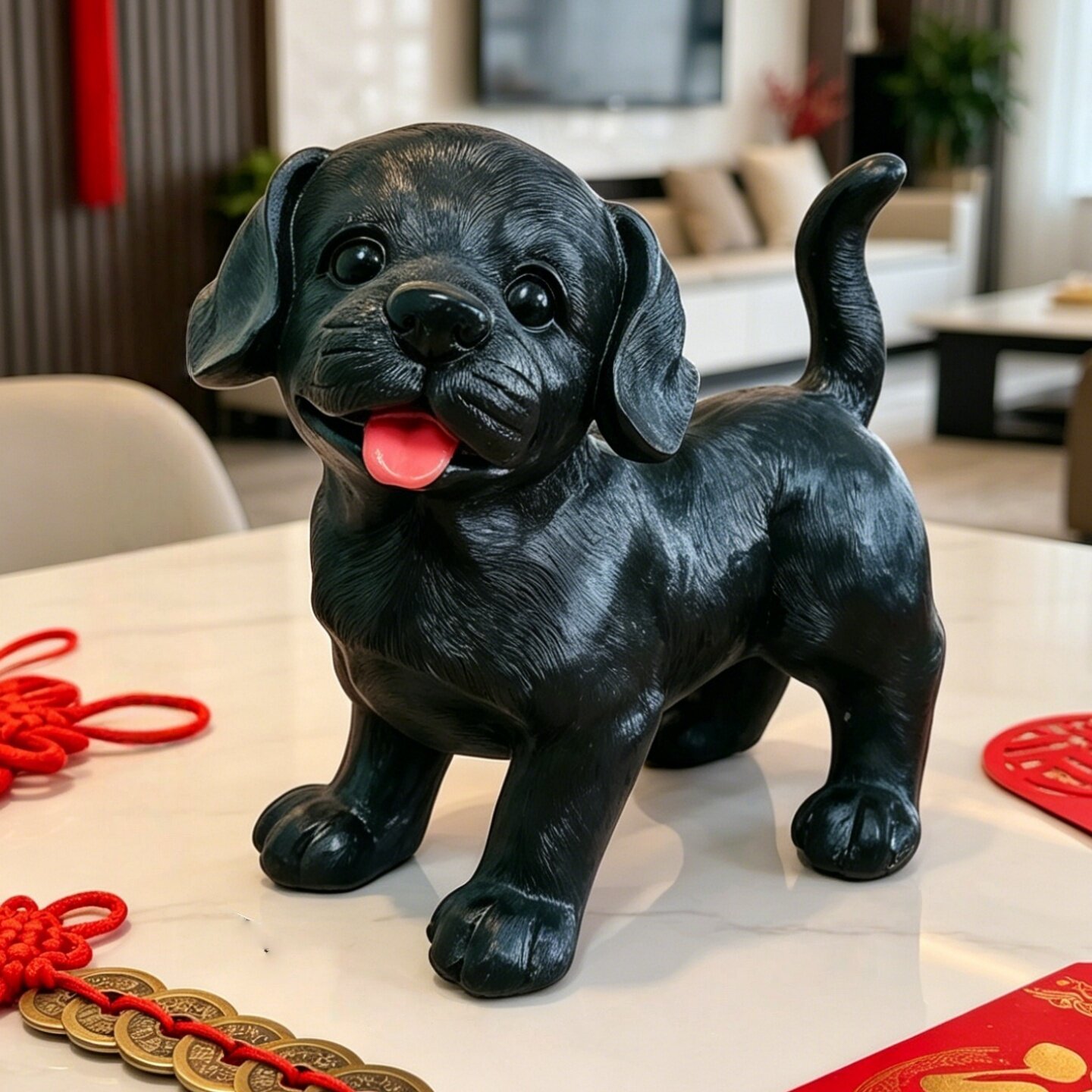 树脂招财狗黑色仿真小狗模型家居客厅玄关供奉桌面旺财黑狗小摆件
