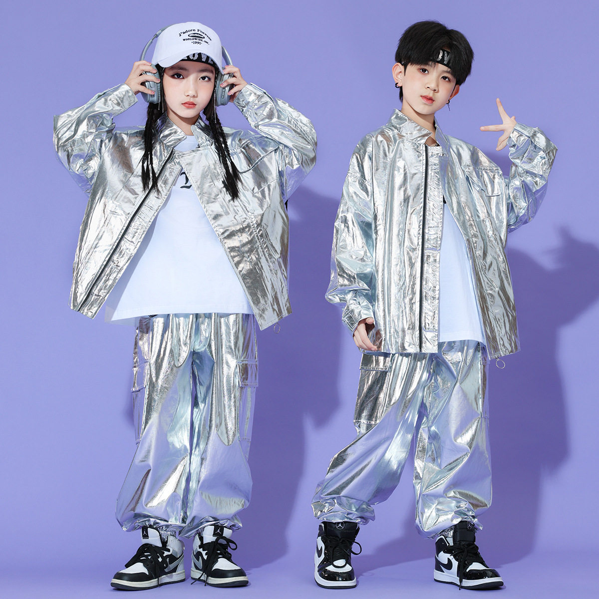 儿童街舞演出服嘻哈银色嘻哈套装
