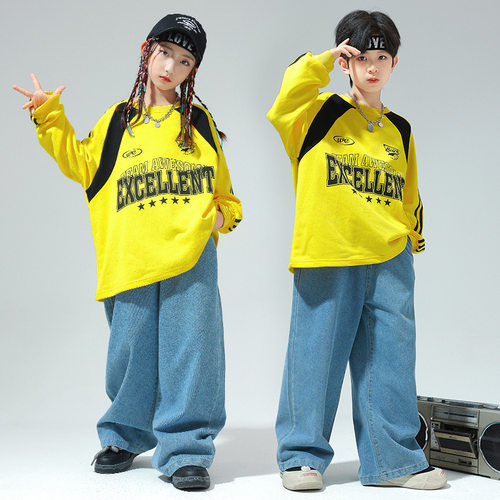 儿童街舞潮服秋季新款HIPHOP舞台表演牛仔裤子长袖T恤套装bboy炫
