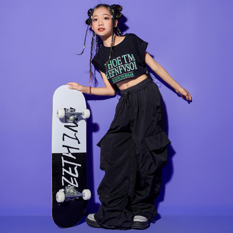 女孩宝宝酷炫黑系爵士jazz演出服套装露脐短款上衣舞蹈练功服班服