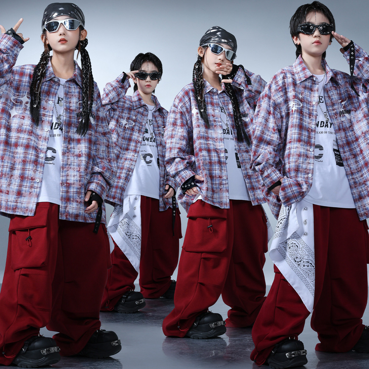 儿童街舞服装男童嘻哈风酷帅格子衬衫hiphop套装女孩架子鼓演出服