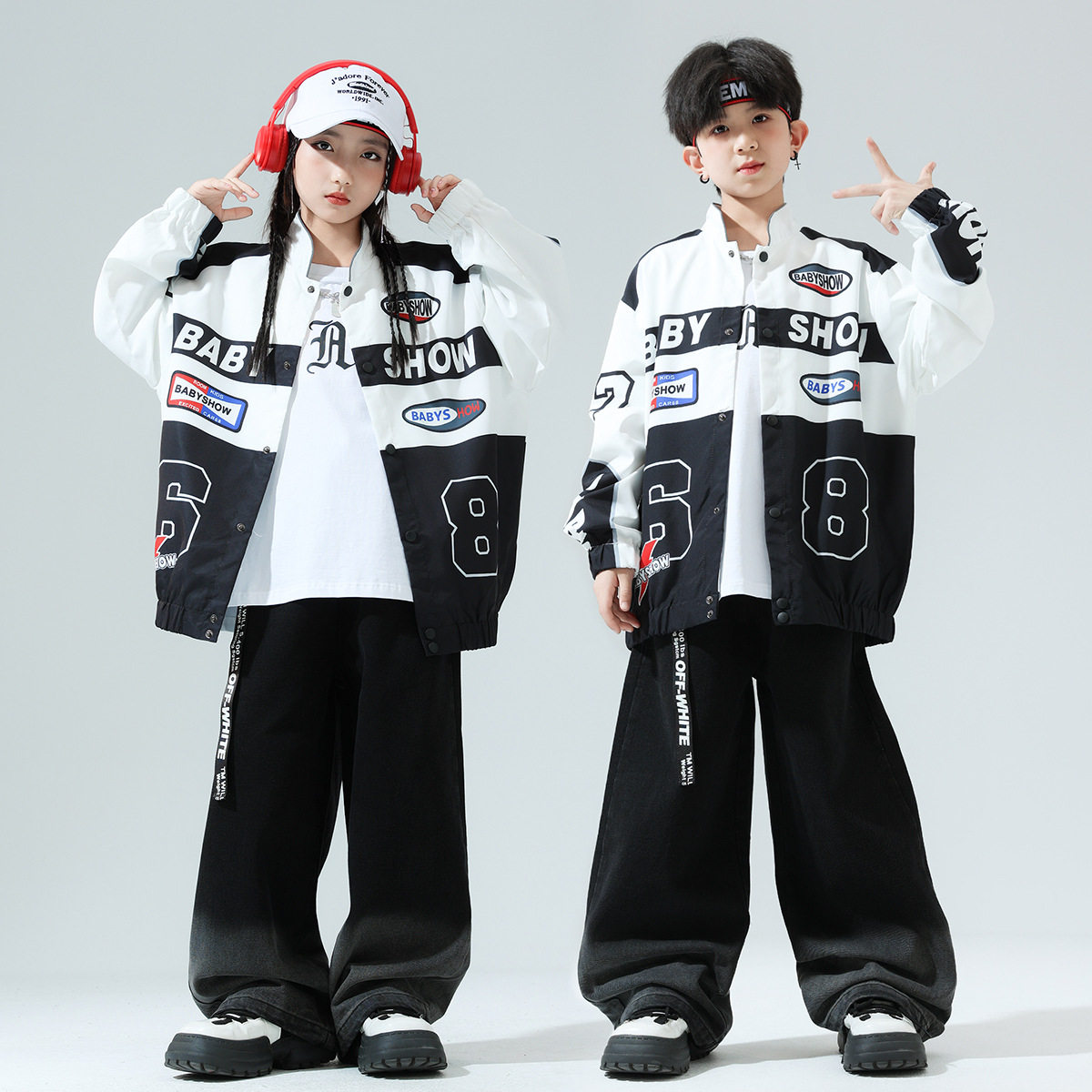 儿童机车风服装少儿架子鼓街舞hiphop演出服套装外套夹克工装裤