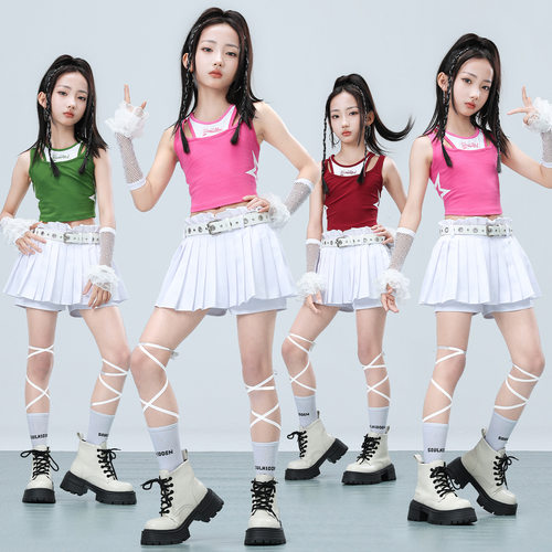 女童爵士舞演出服夏季女生百褶裙舞台走秀潮服少儿嘻哈hiphop套装