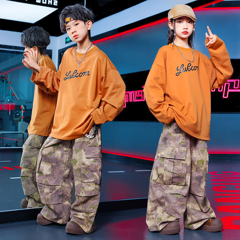 儿童街舞长袖卫衣T恤衫迷彩工装裤子hiphop演出服套装架子鼓走秀