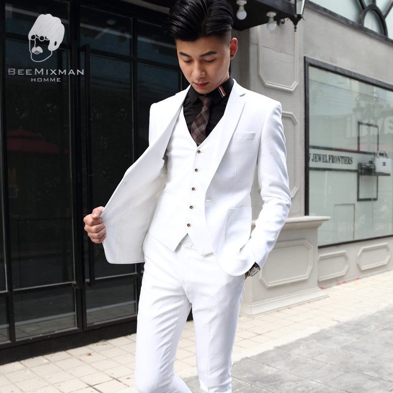SUIT SUIT MENS WHITE GROOM WEDDING DRESS SLIM KOREAN VERSION OF THE TIDE YOUTH SMALL SUIT MENS BRITISH THREE-PIECE SET