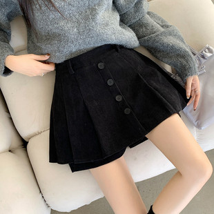 裙胖m高腰显瘦A字裙 半身裙加厚裤 假两件灯芯绒百褶裙裤 女秋冬新款