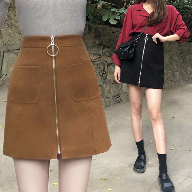 ins超火拉链半身裙女秋胖mm2018新款大码鹿皮绒短裙韩版包臀a字裙
