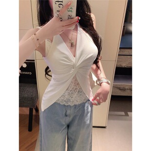 蕾丝拼接挂脖辣妹吊带背心女夏季 内搭美背文胸一体带胸垫外穿上衣