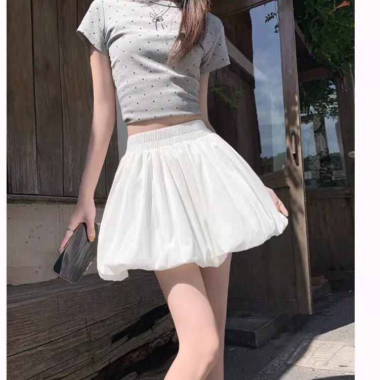 白色防走光短裙裤高腰显瘦花苞半身裙女装夏休闲黑色蓬蓬a字裙子