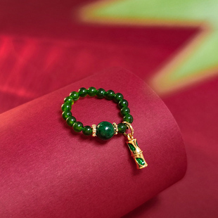 新中式竹子戒指女小众设计高级感绿色串珠食指戒古风翡翠轻奢指环