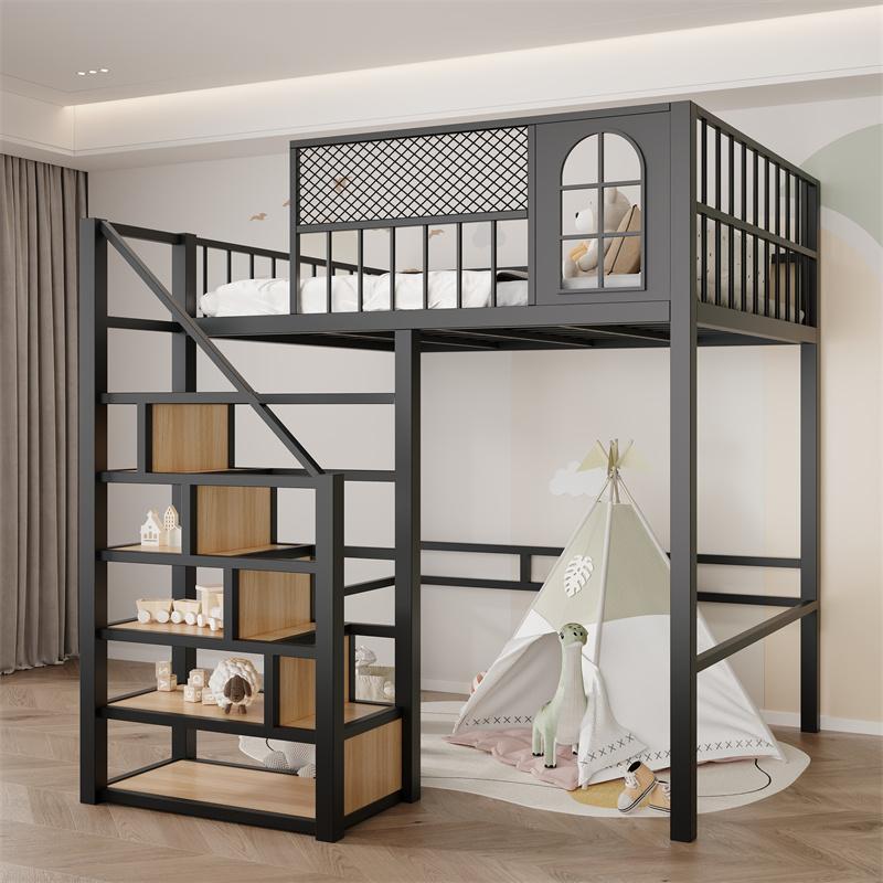 铁艺阁楼高架床单上层小户型上床下桌公寓省空间双人上下铺铁架床