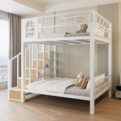 现代铁艺床高架床简约多功能高低床加厚小户型省空间爬梯阁楼铁床