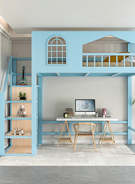 复式二楼床空中床公寓阁楼床铁艺高架床上床下桌下衣柜加厚铁架床