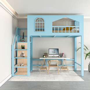 复式二楼床空中床公寓阁楼床铁艺高架床上床下桌下衣柜加厚铁架床