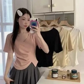 Neck Pleated Split Sleeve Irregular Women Short Shirt Belly