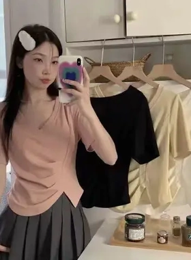 Irregular Neck Split Short Sleeve Shirt Women Pleated Belly