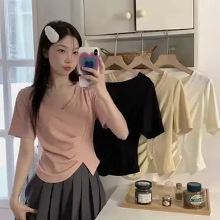 Irregular Neck Split Short Sleeve Shirt Women Pleated Belly