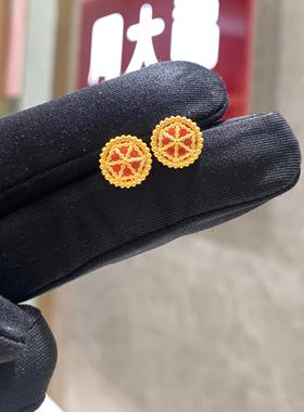 周大福代购 故宫系列福瑞菱花珐琅足金黄金耳钉女 定价7折 R35922