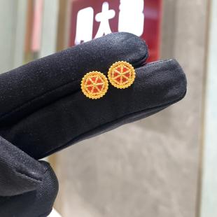 周大福代购 故宫系列福瑞菱花珐琅足金黄金耳钉女 定价7折 R35922