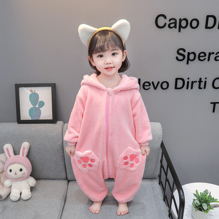 CHILDRENS AUTUMN AND WINTER ONE-PIECE PAJAMAS GIRLS FLANNEL THICKENED CRAWLING CLOTHES BABY GIRLS BABY CORAL FLEECE LOUNGEWEAR