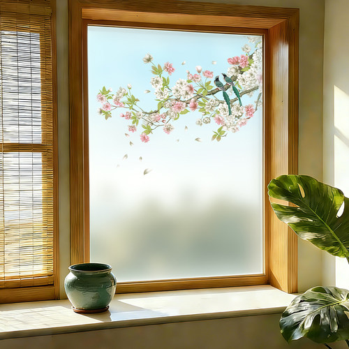 中式花鸟透光不透明防窥玻璃贴膜